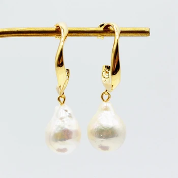 

Large gold hook earrings, natural white baroque pearls, large water drops, retro style. Women's earrings