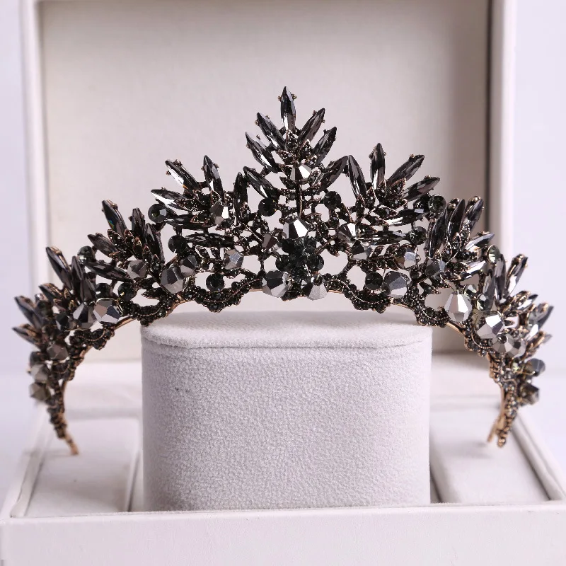 Baroque Black Crystal Big Round Bridal Tiaras Crowns Pageant Prom Diadem Rhinestone Veil Tiara Headband Wedding Hair Accessories hair accessory hair headdress bridal headwear hair band crown jewelry accessories