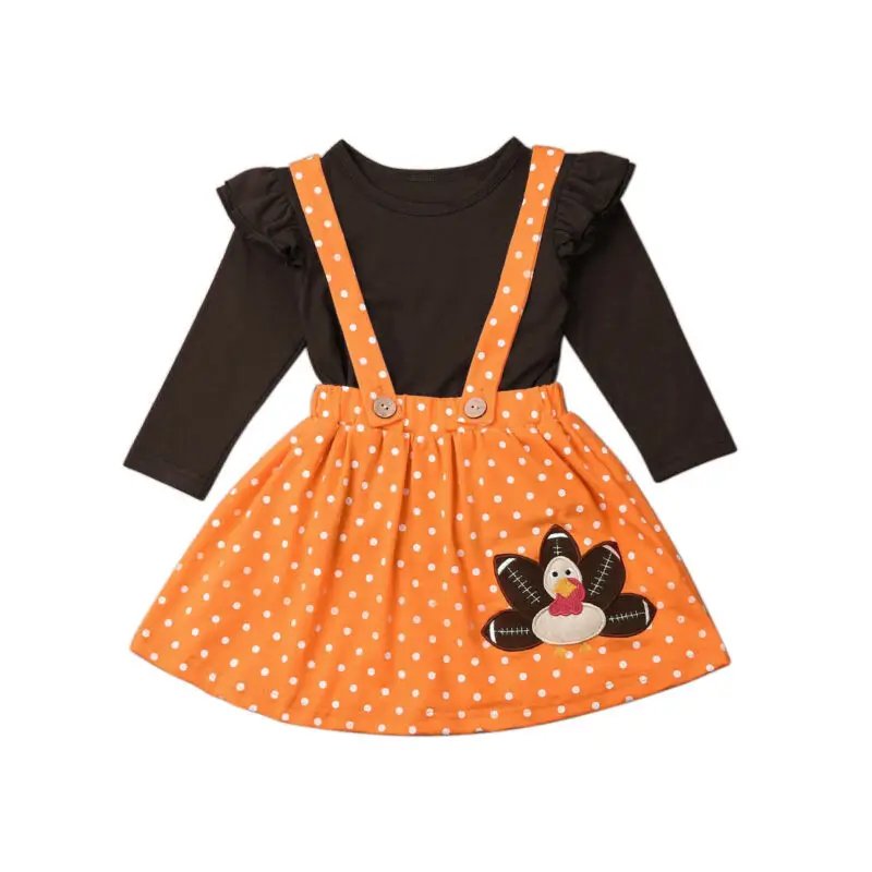 Новая милая детская одежда на День Благодарения для маленьких девочек комплект из топа и юбки в горошек с поясом
