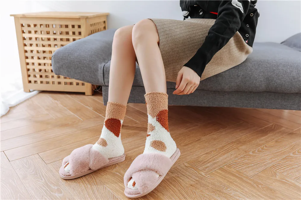 GUIME домашние зимние теплые носки с кошачьими лапами для женщин и девочек, носки для сна, домашние носки-тапочки, толстые носки
