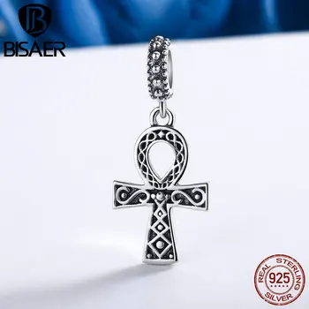 

BISAER Authentic 925 Sterling Silver Faith ANKH CROSS Dangle Beads Fit Original PAN Charm Bracelet DIY Fine Jewelry Gift