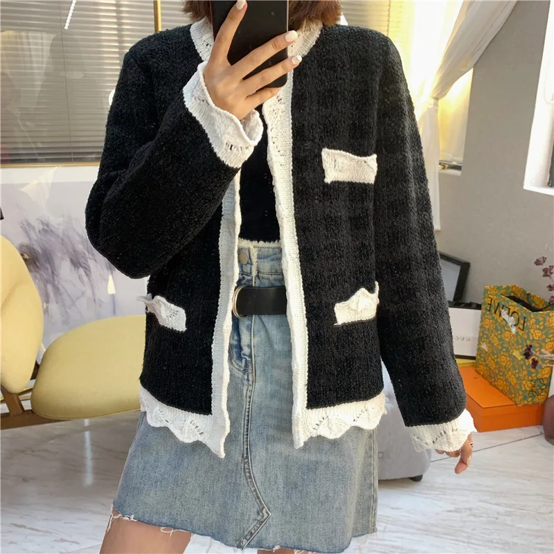 #Special Offers Women Patchwork Knitted Cardigan Niche Single Breasted Knitted Sweater Knitwear Jacket
