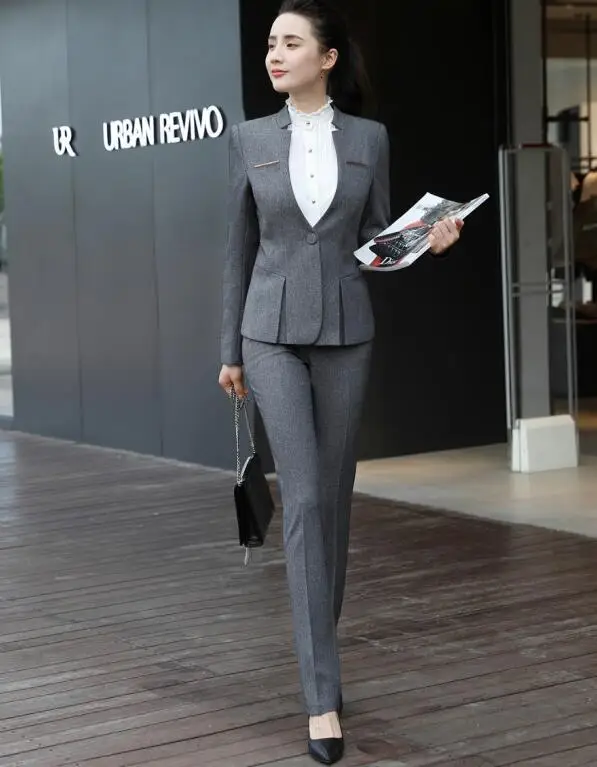 Gray coat and pants Новые облегающие костюмы, женские, одежда с длинным рукавом, Офисные блейзеры, костюмы для всех женщин, брюки, костюм Femme Traje Mujer - Цвет: Gray coat and pants