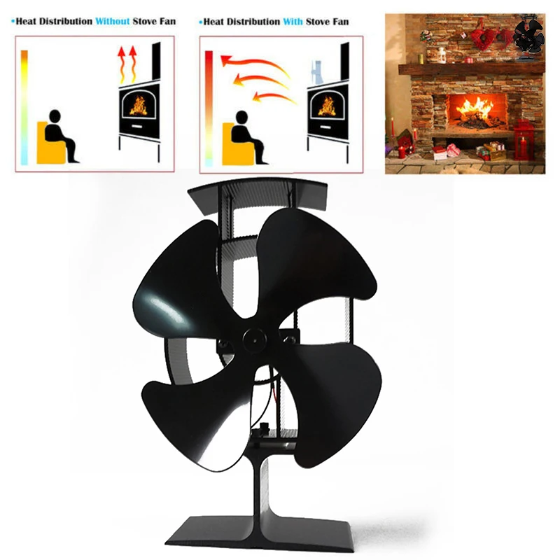

4 Blades Stove Fan Wood Eco Burner Fire Place Heat Powered Thermal Fuel Saving