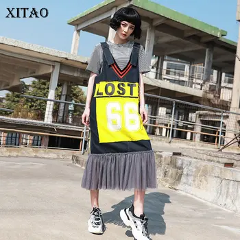 

XITAO Mesh Print Dress Fashion Women Elegant Sleeveless Backless Goddess Fan Casual Style Loose Small Fresh Style Dress XJ4665