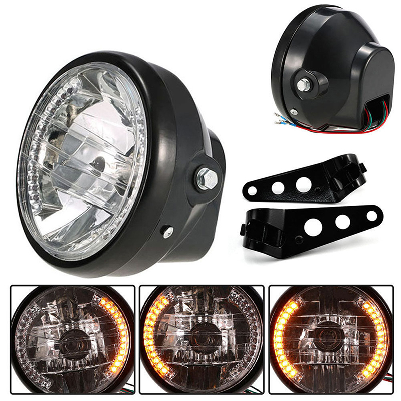 Universal Black 7 Inch Motorcycle Headlight H4 35W LED Head Lamp 9 Wires Turn Signal Light Mount Bracket