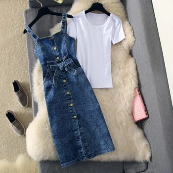

2020 New Spring and Summer Student Girls Simple White T-shirt + Strap Single Breasted Denim Dress Two-piece Women's Dress Set