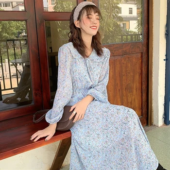 

WAVSIYIER women print floral dress midi elastic high waist dresses woman spring summer long sleeve a-line peter pan bow vestido