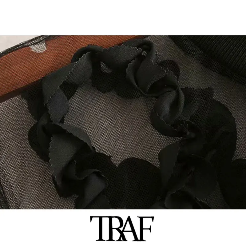 TRAF, женские винтажные сексуальные прозрачные стильные сетчатые Блузы с аппликацией, модные женские рубашки с длинным рукавом, шикарный укороченный топ