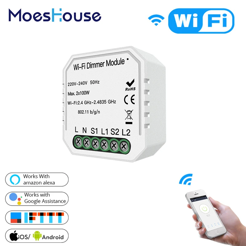 DIY WiFi Smart Light LED Dimmer Switch Smart Life/Tuya APP Wireless Remote Control Module Work with Alexa Google Home 2 Gang