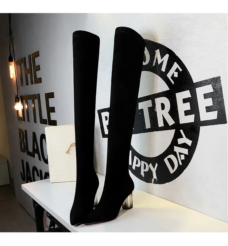 BIGTREE/botas altas mujer; облегающие Высокие Сапоги выше колена; черные зимние сапоги на каблуке с кристаллами; женские замшевые сапоги с острым носком; bota feminina