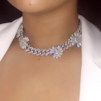 

New Multicolor CZ Smil flower Necklace 12mm Iced Out Bling CZ Miami Cuban Link Chain 4pcs flower Choker Hip hop Women Jewelry