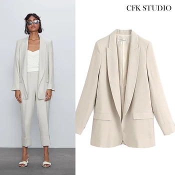 

Za 1:1 women Blazer with Long Sleeve Pocket Solid Cream Jacket Femme Summer Casual Loose Elegant Office Wear Outwear Coat