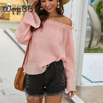 

Wenzbb Off The Shoulder Chiffon Blouse Women 2020 Summer Autumn Sexy Long Sleeve Ruffles Loose Tops Shirt Dropshipping