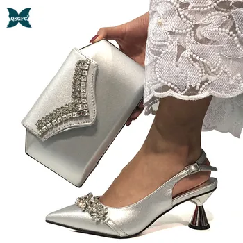 

2020 Latest African Matching Shoes and Bags In Silver Color Women Italian design Ladies Shoes and Bags To Match Set Luxury Shoes