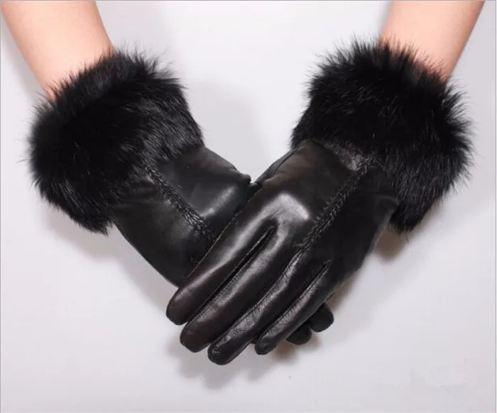 Женские кожаные перчатки с натуральным кроличьим мехом; сезон осень-зима; теплые бархатные перчатки из овечьей кожи;