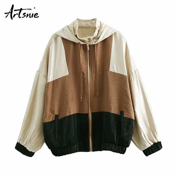 

Artsnie streetwear patchwork jackets women autumn 2019 turtleneck hooded long sleeve coats casual loose jackets chaqueta mujer