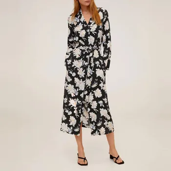 

ZA Elegant Summer Dress Women 2020 Long Sleeve Front Button Side Hidden Pockets Female Bow Belt Flowers Print Midi Dresses