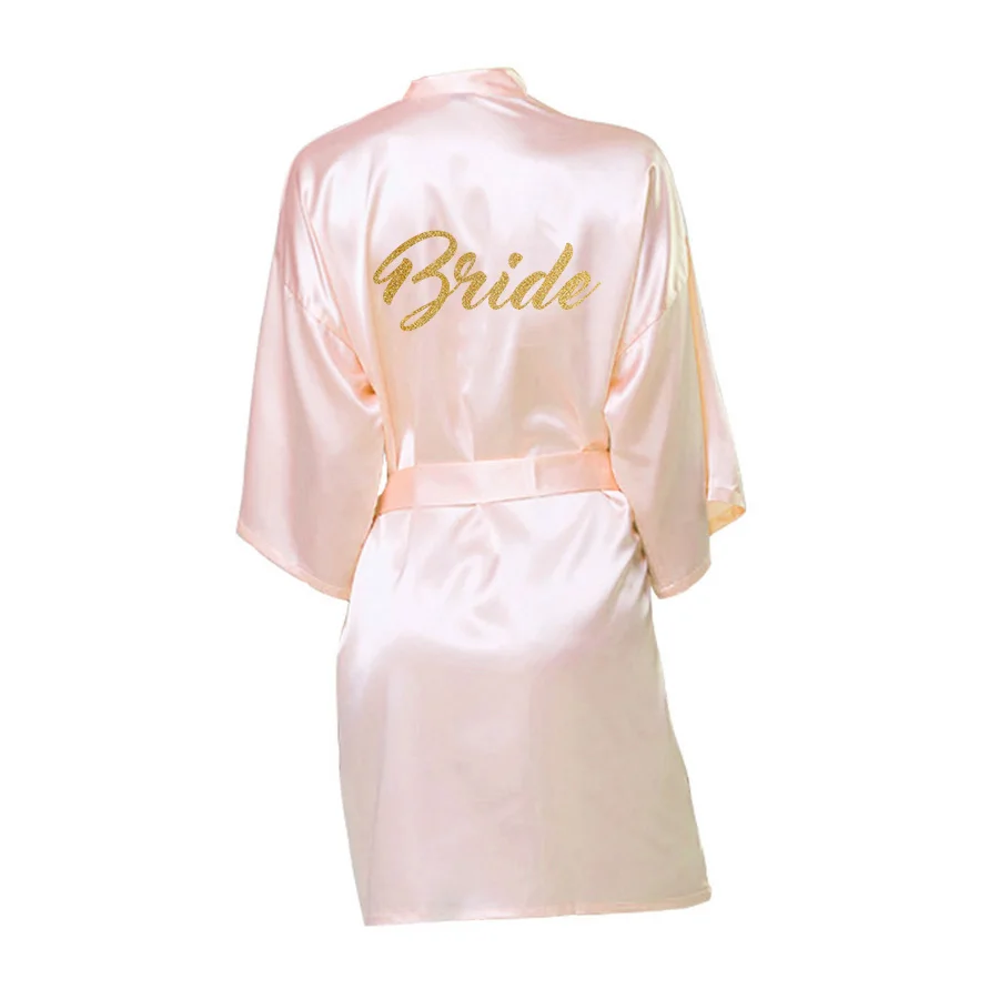 Свадебное платье невесты и отряда серебряное кимоно с принтом атласная пижама халат Подружка невесты, сестра на заказ халаты - Цвет: Bride-dark pink