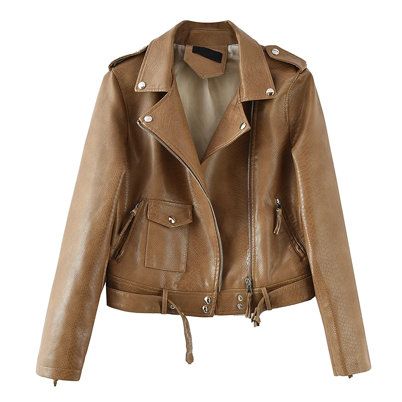 autumn new girl leather jacket short women leather coat slim fashion punk female motorcycle clothing faux leather blazer spring Women's Leather Jacket Short Spring Autumn New Fashion Slim Snake Pattern Female Motorcycle Biker PU Leather Outerwear Coat