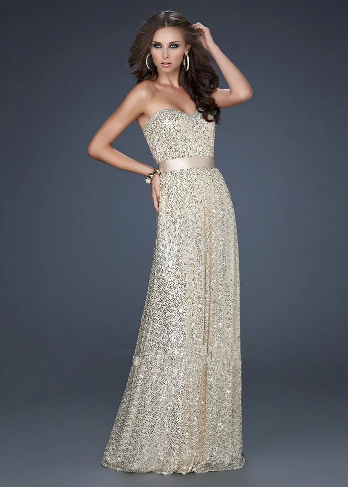 

2018 Sweetheart Sash Gold Sequin Long formal Formal gown elegant Floor Length robe de soiree bridesmaid dresses