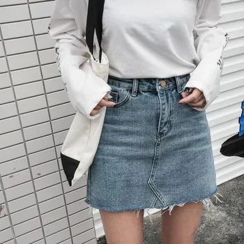 

Women Summer Black Blue Solid Casual High Waist Pencil Denim Skirts High Street Pockets Button All-matched Jeans Skirt