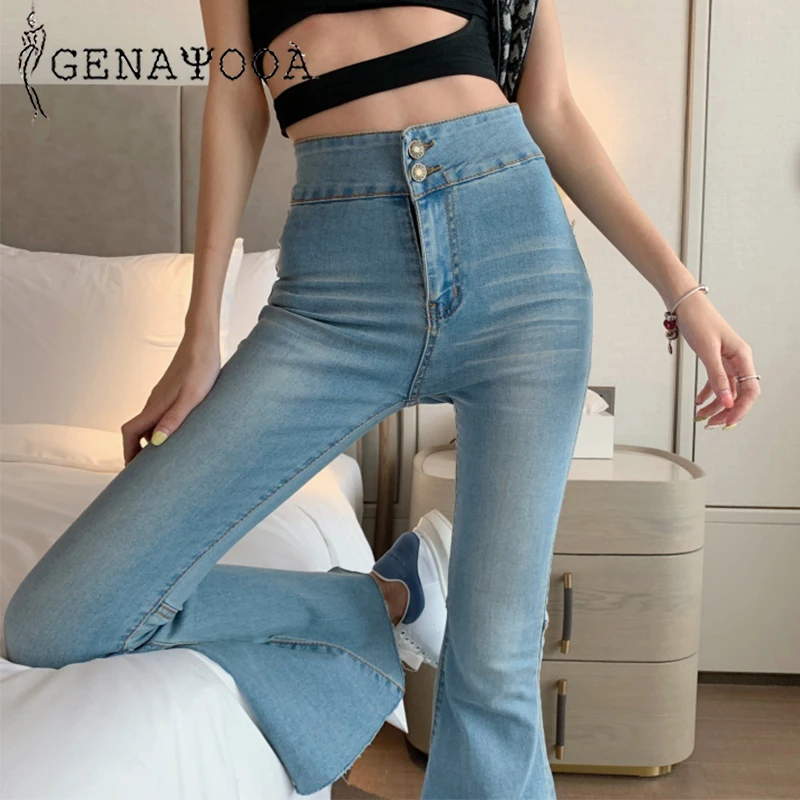 Genayooa женские узкие джинсы пуш-ап синие женские джинсы брюки с высокой талией сексуальные уличные расклешенные брюки Корейский осень зима