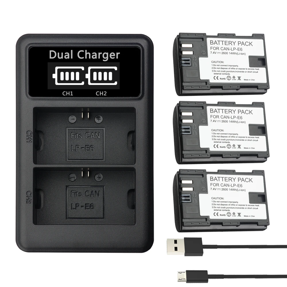Charger and 3Battery YILIZOMANA LP-E6 LPE6 LP E6 Камера Батарея 7,4 V 2600 мА-ч для цифровой однообъективной зеркальной камеры Canon EOS 5D Mark II III IV 5DS R 6D 7D 60D 60Da 70D 80D XC10 - Цвет: Charger and 3Battery
