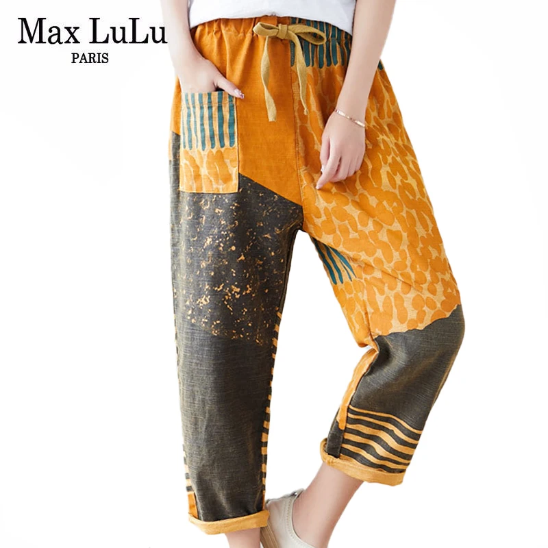 Max LuLu 2021 Summer New Designer Ladies Vintage Printed Trousers Womens Linen Punk Style Pantalons Female Striped Harem Pants