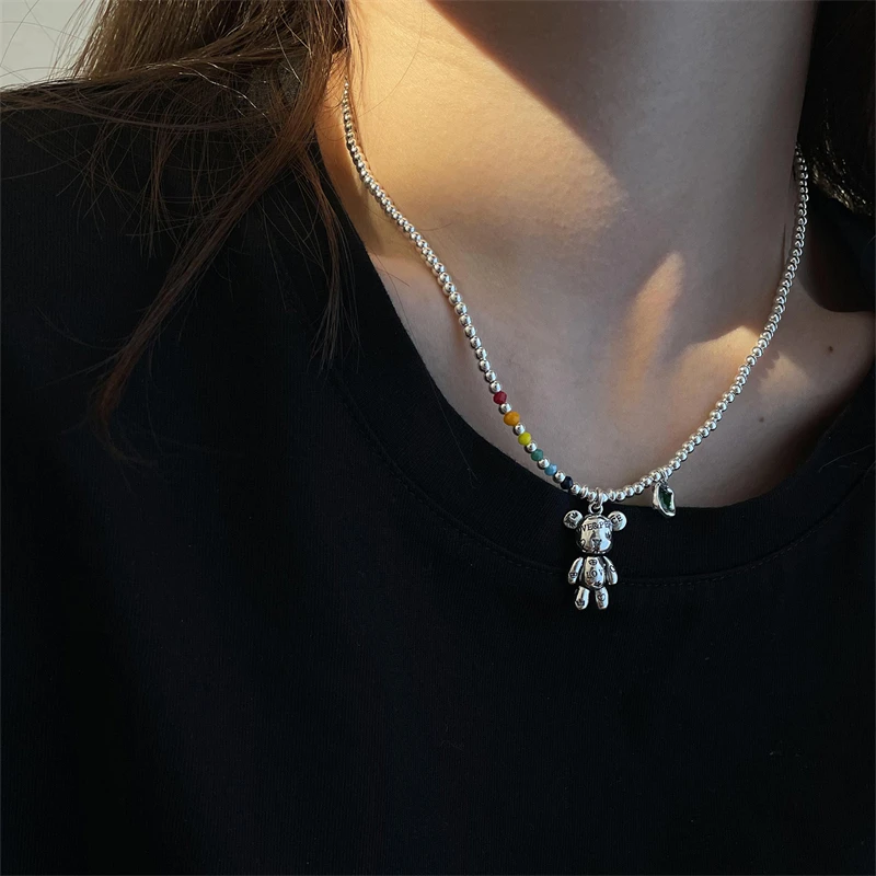 2022 Fashion 925 Sterling Silver Necklace Bracelet Jewelry Trend Simple String of Beads Design Bear Zircon Pendant Party | Украшения и