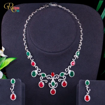 

Rainbamabom Vintage 925 Solid Sterling Silver Emerald Ruby Gemstone 18K Yellow/White Gold Earrings/Necklace Jewelry Set 2Pcs