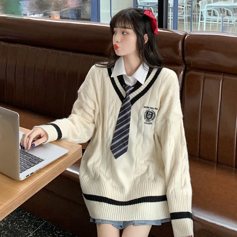 

Осень-зима 2020, свитер с V-образным вырезом и длинным рукавом, женские свободные пуловеры и свитера, Женский вязаный Повседневный свитер в стиле преппи, пальто