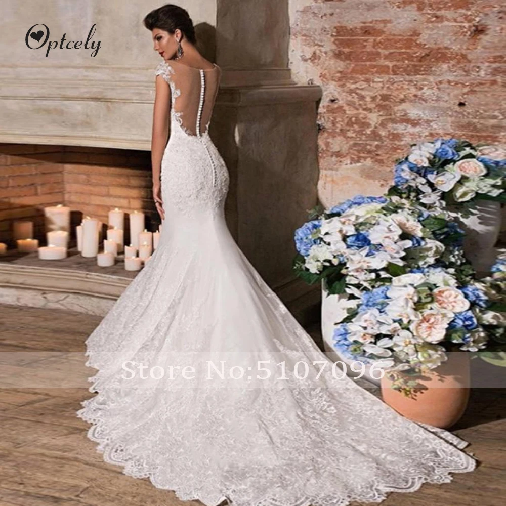 Optcely Vestido de Noiva элегантные свадебные платья Русалочки с круглым вырезом и рукавами-крылышками на пуговицах, с аппликацией в виде поезда, с бисером, с коротким шлейфом