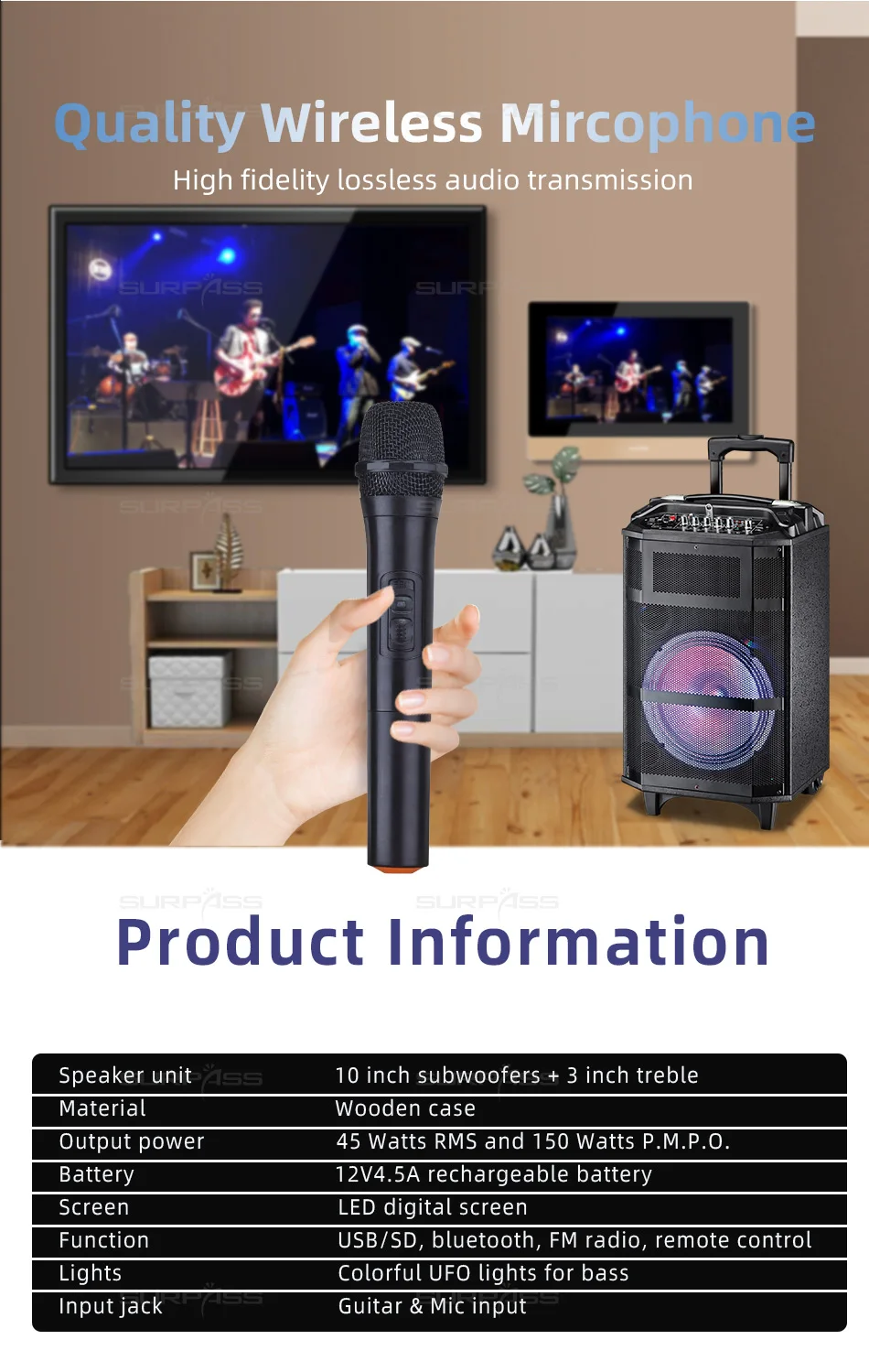 Outdoor or Home Karaoke Bass Treble Bluetooth Microphone Speaker 10'' Portable Battery Loudspeaker with FM Radio LED Light USB Outdoor or Home Karaoke Bass Treble Bluetooth Microphone Speaker 10'' Portable Battery Loudspeaker with FM Radio LED Light USB