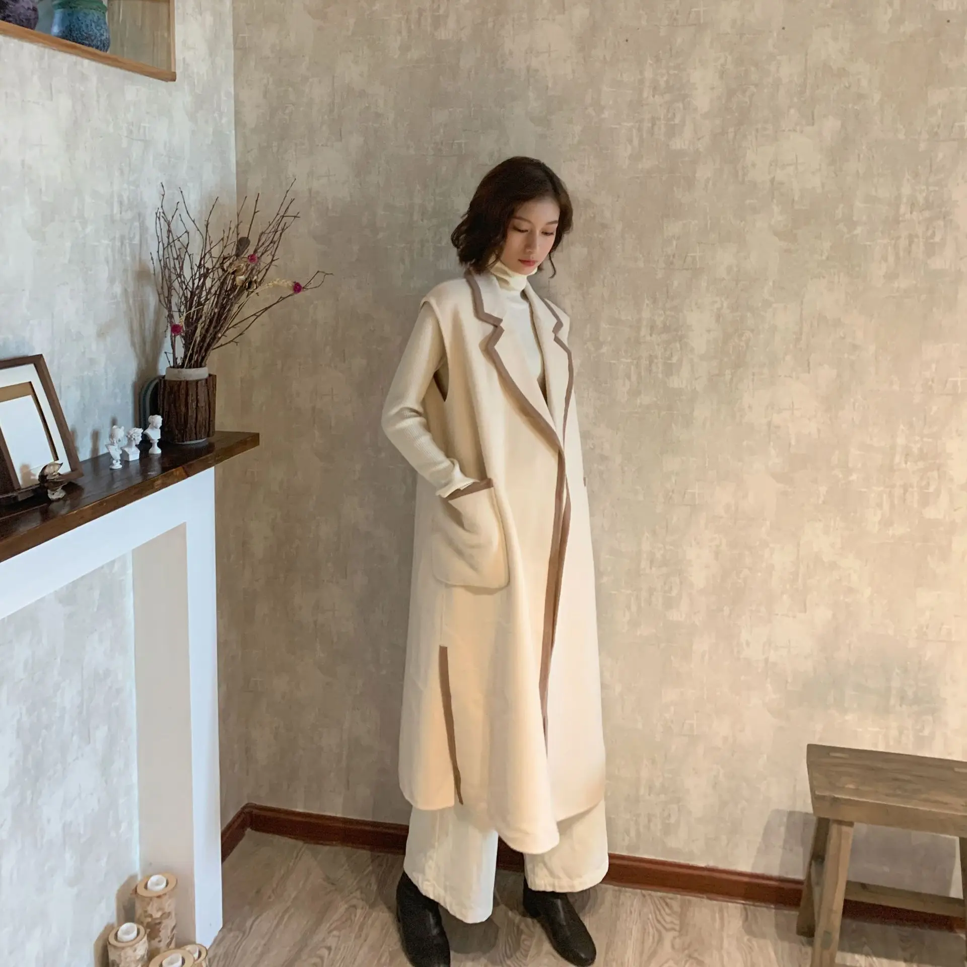 Collinear Coline, Женское пальто,, без рукавов, отложной воротник, жилет, стиль, осень и зима, пальто, контрастный цвет, шерстяное, J