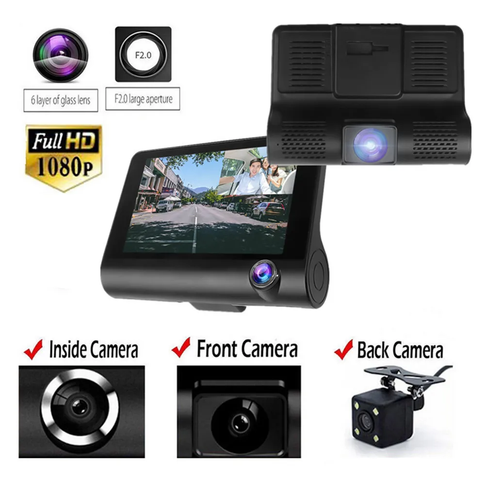 32G TF Dash Cam ips дисплей три зеркала Автомобильный видеорегистратор Камера s двойной объектив HD 12V 1080P видеорегистратор 4 дюйма