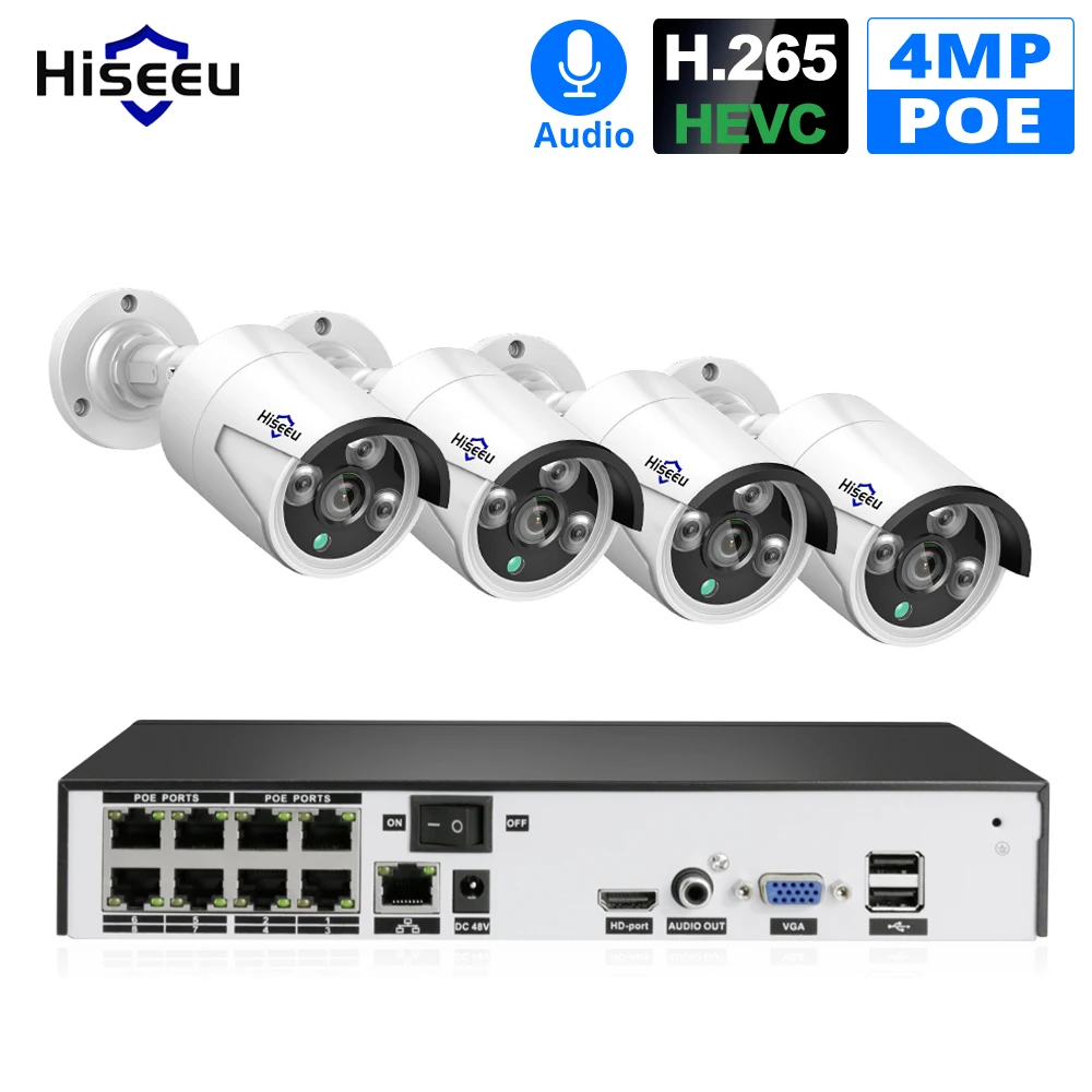 Hiseeu H.265 CCTV система POE NVR комплект 8CH 4MP Водонепроницаемая IP камера пулевая камер