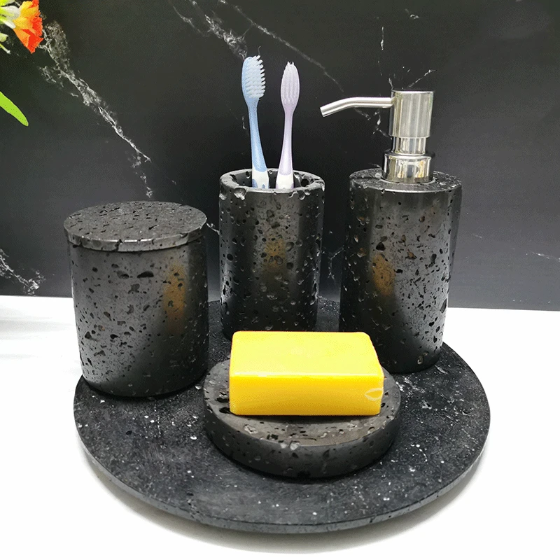 

Volcano Stone Bathroom Accessories Set Round Sanitary Ware Set Home Decoration Bathroom Set Lotion Bottle Toothbrush Cup Tray