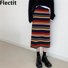 Флектит Харадзюку Разноцветные полосатые вязаные миди юбки осень зима женская вязаная одежда