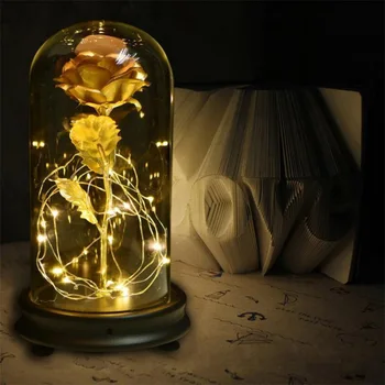 

Golden Rose with Glass Cover for Valentine's Day Gift Lover LED Light String Bottle Rose Wedding Party Home Decoration