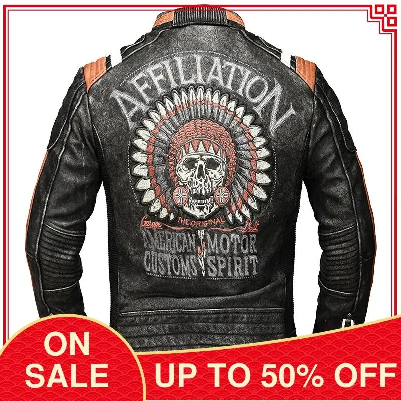 2021 винтажная Черная мужская кожаная куртка американского мотоцикла большой