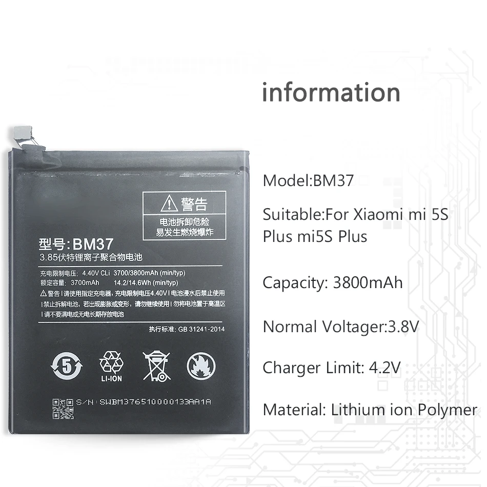 Аккумулятор BM37 3800mAh для Xiaomi mi 5s Plus mi 5s Plus мобильный телефон Сменное напряжение полимерный литий-ионный аккумулятор