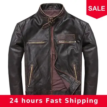 

2020 Vintage Brown Men Slim Fit Biker's Leather Jacket Plus Size XXXL Genuine Thick Cowhide Motorcycle Leather Coat