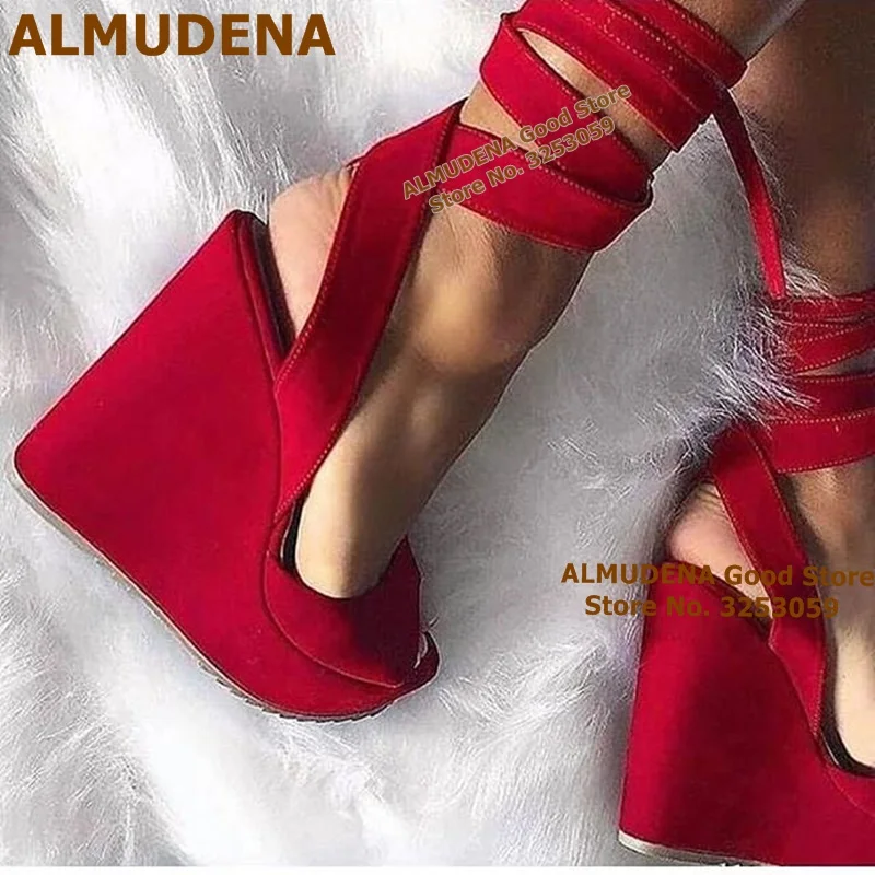 

ALMUDENA Red Suede Wedges Sandals High Platform Galdiator Sandals Slingback Cross Tied Lace-up Dress Shoes Wedding Heels Size47
