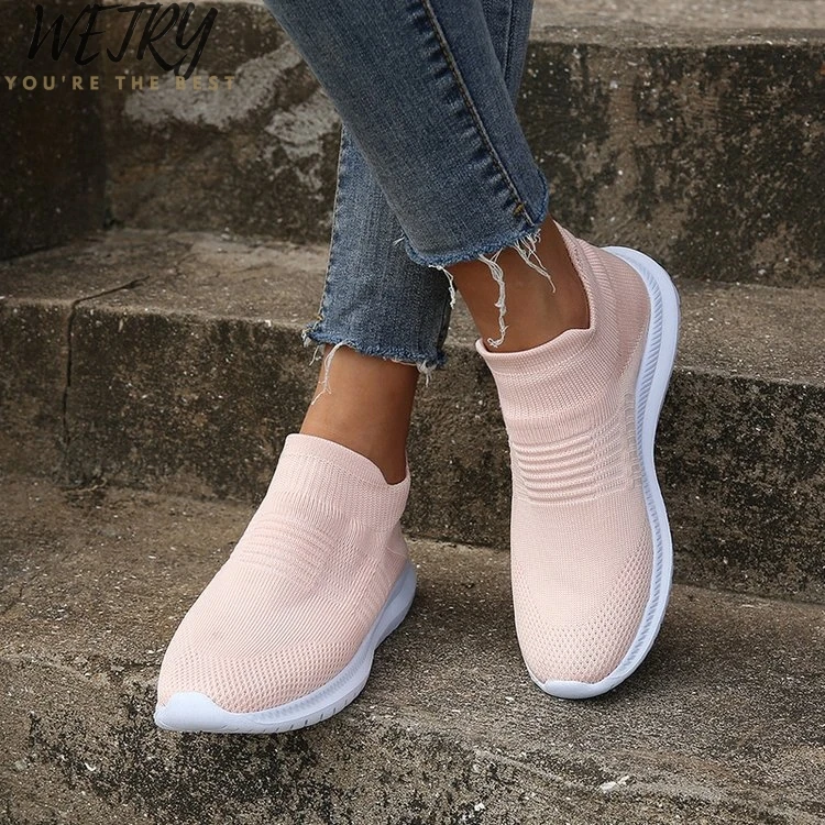 

2020 autumn plus size breathable air mesh sneakers women slip on platform knitting flats soft walking shoes woman