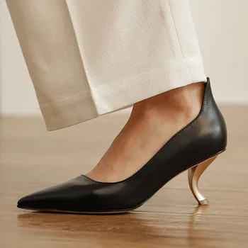 

2020 Spring New Fashion Woman Pointed Toe Cat Heels Pumps Genuine Leather Women Shoes V Shape Slip on High Heels Soft Lazy Shoes