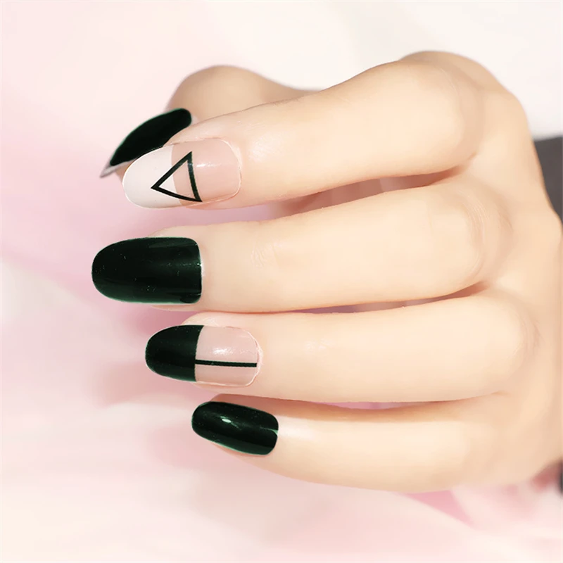 Nusx 24pcs set Dark Green Finished Fake Nails Round Head Short Full Cover Triagle Line Pattern 4