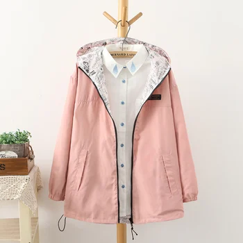 

NEW 2019 Spring Fashion Women Bomber Women Jacket Pocket Zipper Hooded Two Side Wear Cartoon Print Outwear Loose Plus Size