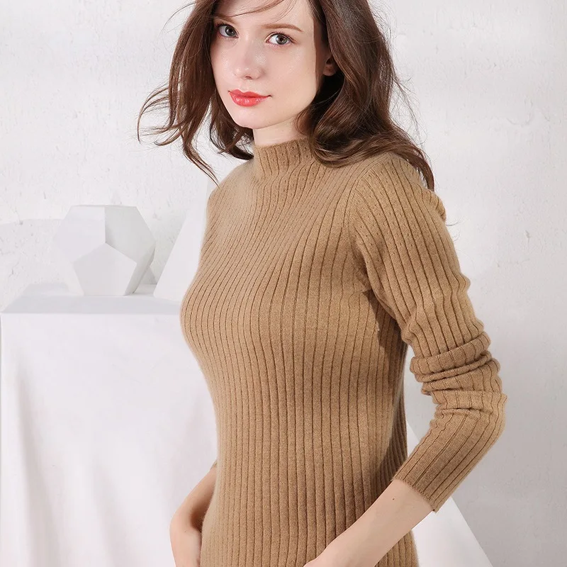

2019 Autumn And Winter New Style Half-collar Wool Sweater Women's 100 Pure Wool Sunken Stripe Knit Slim Fit Pullover Base Sweate