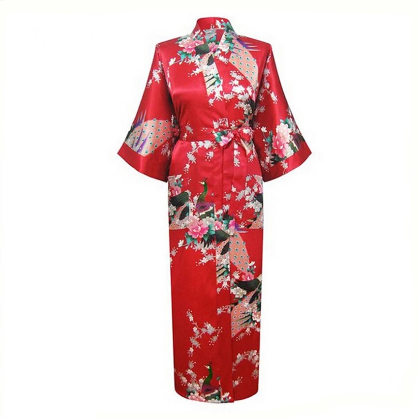 Japanese Kimono Sexy Bride Bridesmaid Wedding Dressing Woman Japanese Kimono Dress Peacock Print Satin Silk Yukata Bathing Robe Nightgown